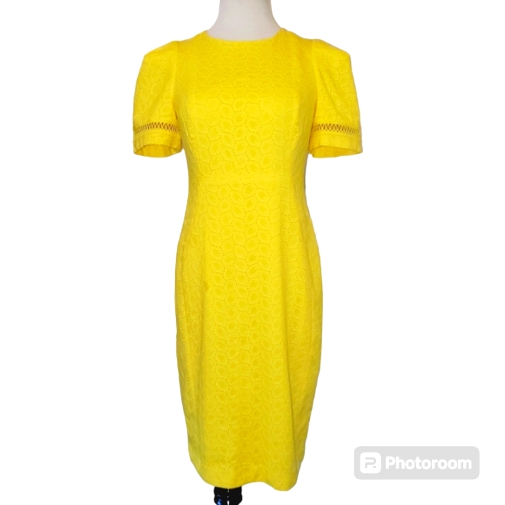 Calvin Klein Yellow Eyelit Short Sleeve Tailored Lined Midi Dress Women's Sz 4